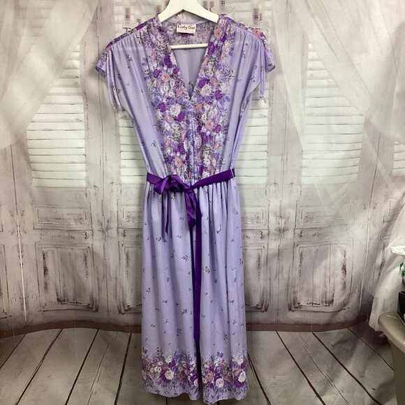 Vintage Cathy Sue Purple Floral Belted Dress 9/10 - Picture 10 of 10